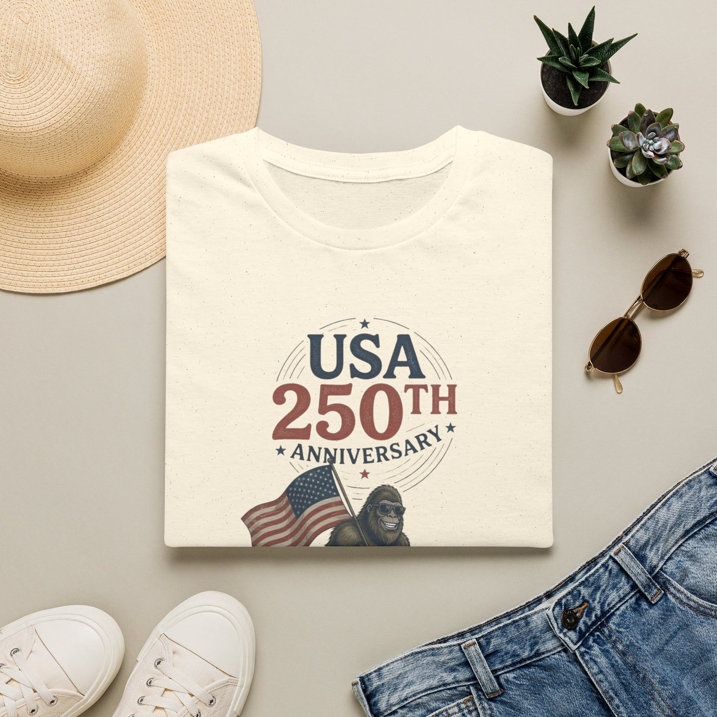 USA 250th Anniversary T-Shirt — Patriotic Flag & Bigfoot Celebration Tee