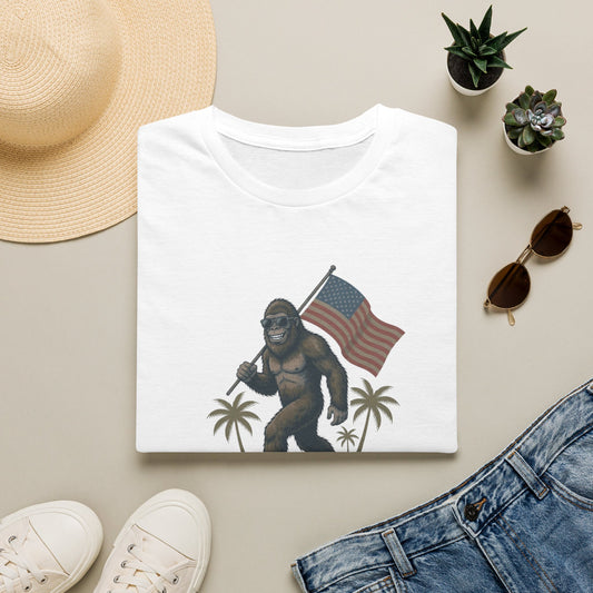 Bigfoot with American Flag T-Shirt — USA 250th Anniversary Patriotic Tee