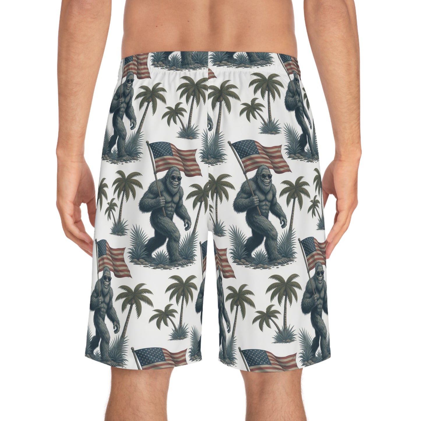 Sasquatch with American Flag Board Shorts – Patriotic Tropical Swim Trunks