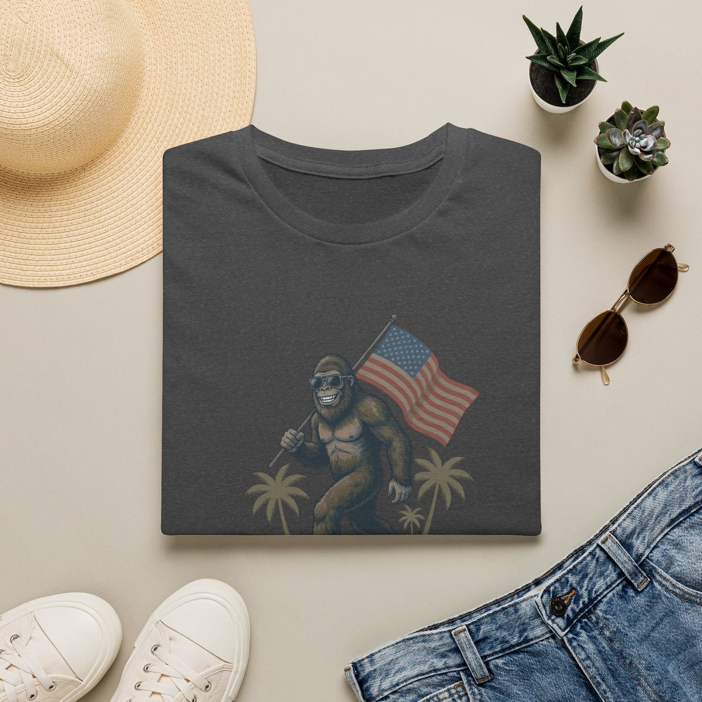 Bigfoot with American Flag T-Shirt — USA 250th Anniversary Patriotic Tee
