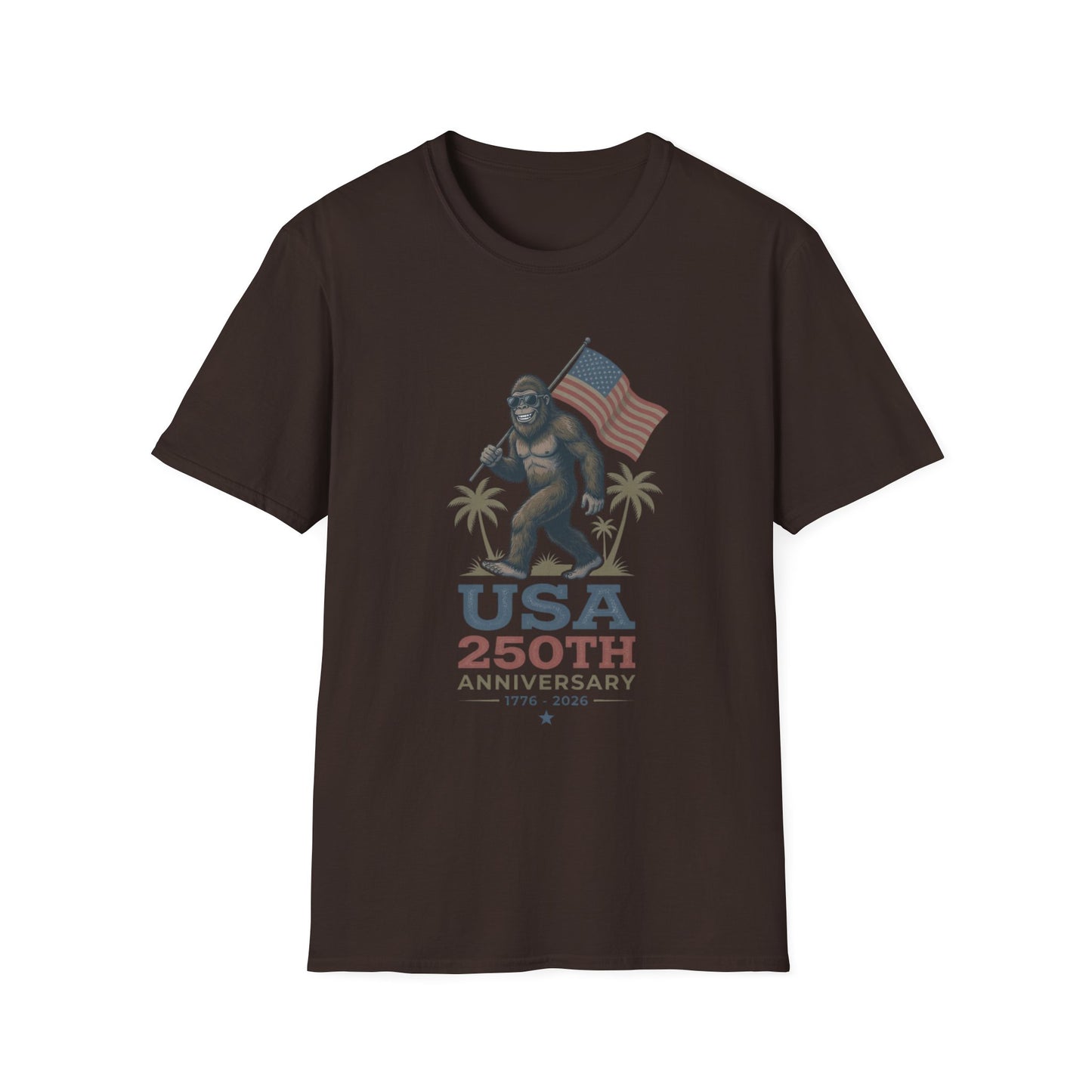 Bigfoot with American Flag T-Shirt — USA 250th Anniversary Patriotic Tee