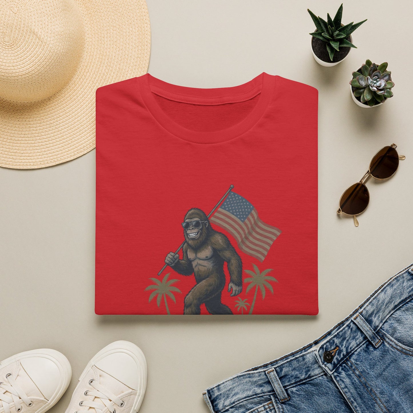 Bigfoot with American Flag T-Shirt — USA 250th Anniversary Patriotic Tee