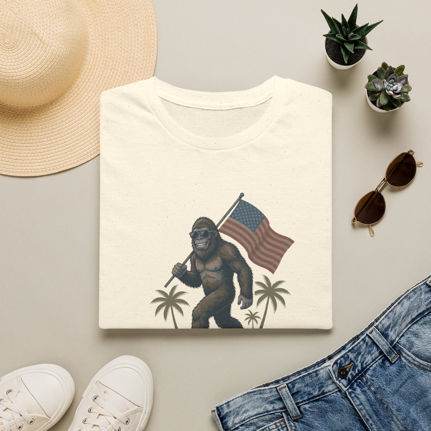 Bigfoot with American Flag T-Shirt — USA 250th Anniversary Patriotic Tee