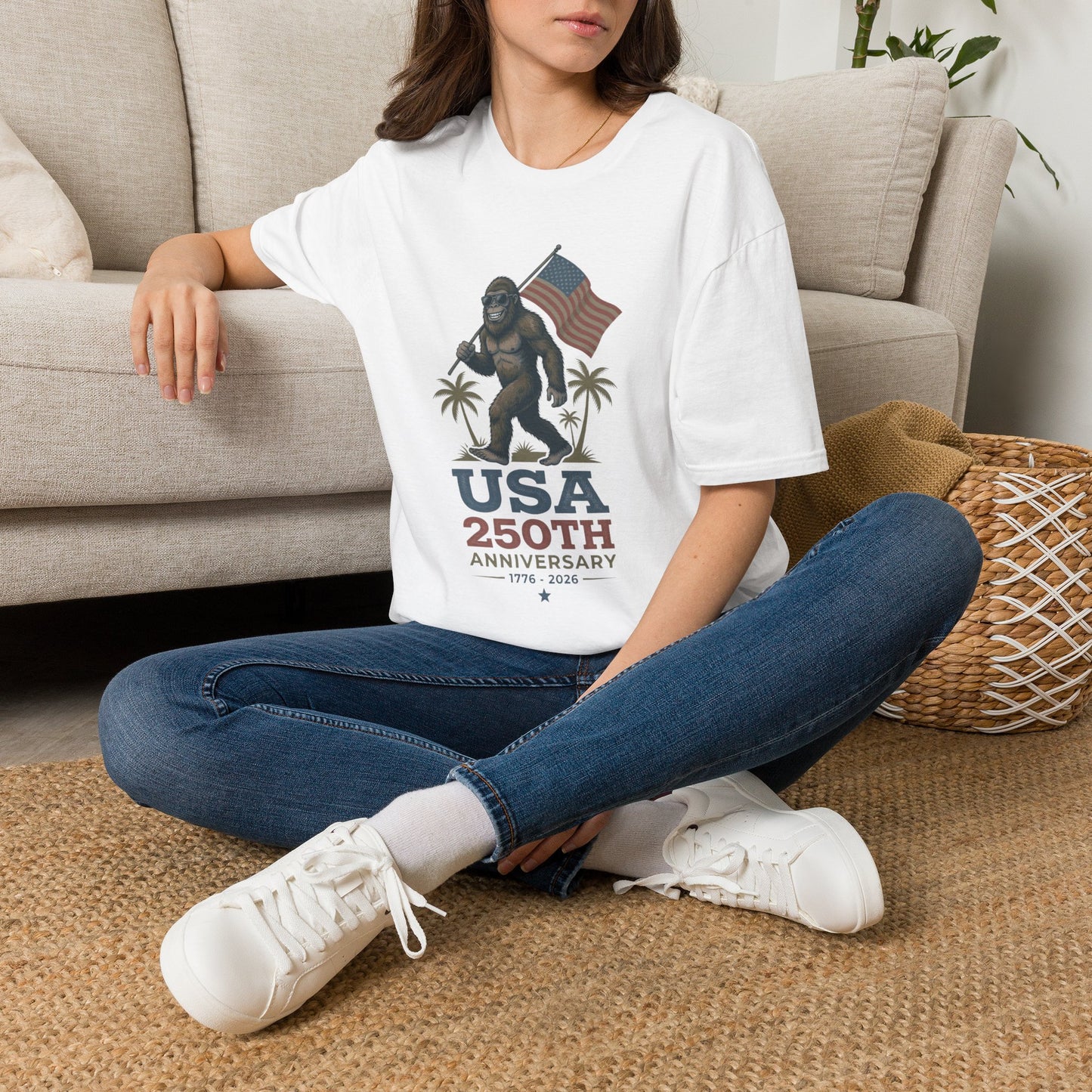 Bigfoot with American Flag T-Shirt — USA 250th Anniversary Patriotic Tee