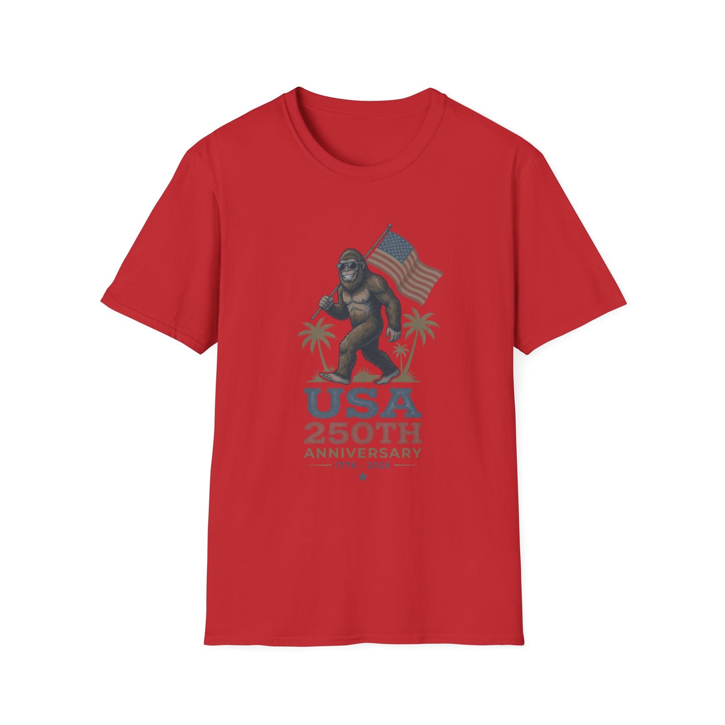 Bigfoot with American Flag T-Shirt — USA 250th Anniversary Patriotic Tee