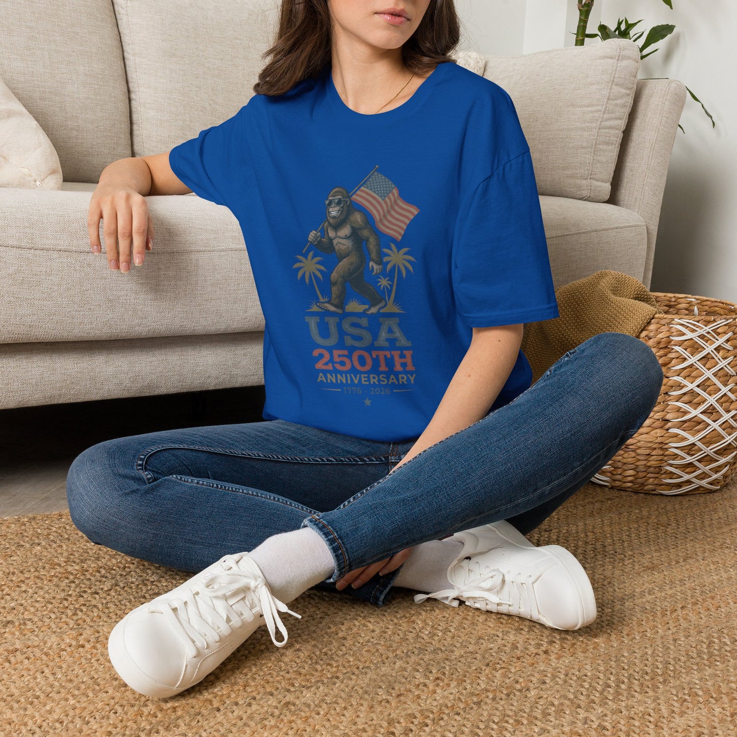 Bigfoot with American Flag T-Shirt — USA 250th Anniversary Patriotic Tee