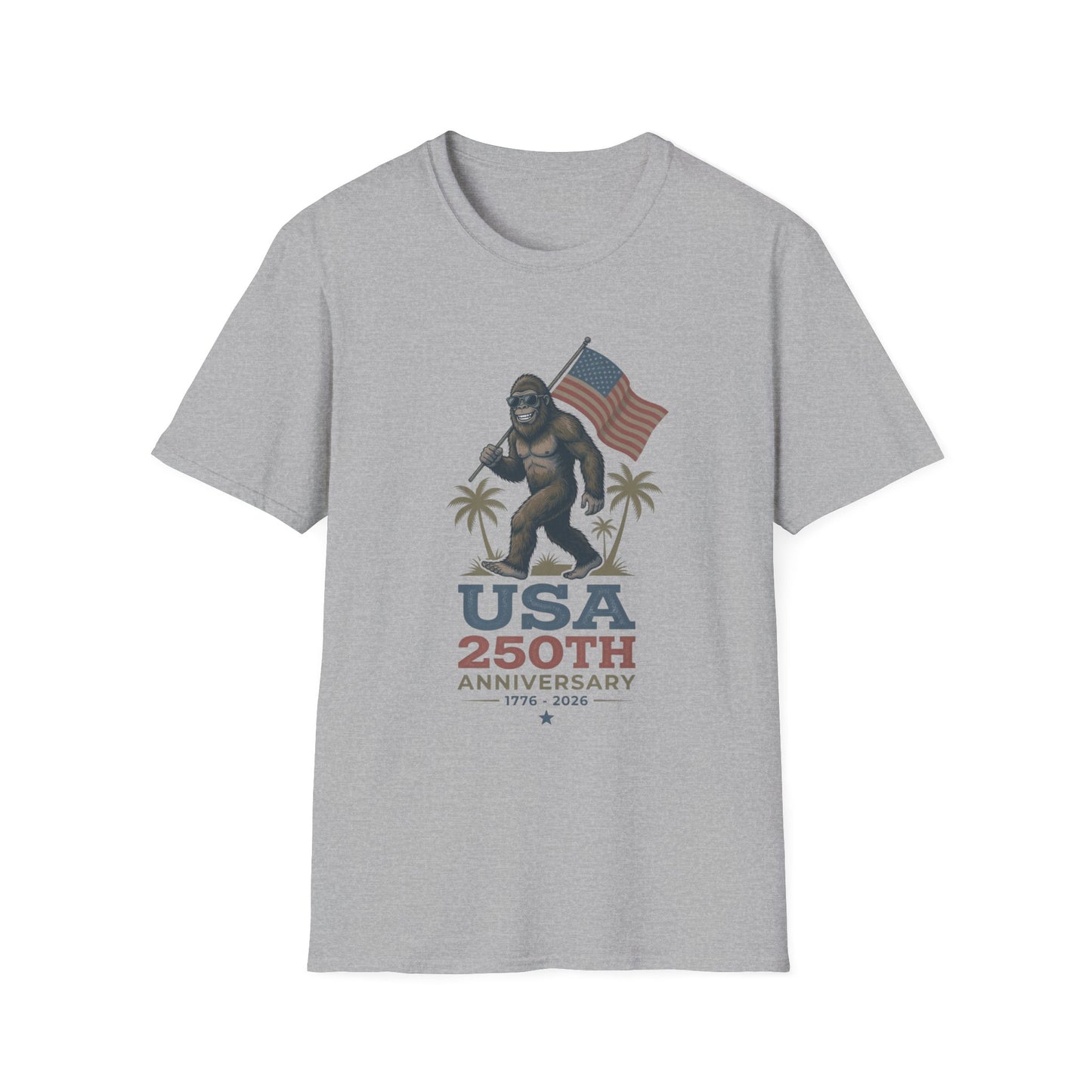 Bigfoot with American Flag T-Shirt — USA 250th Anniversary Patriotic Tee
