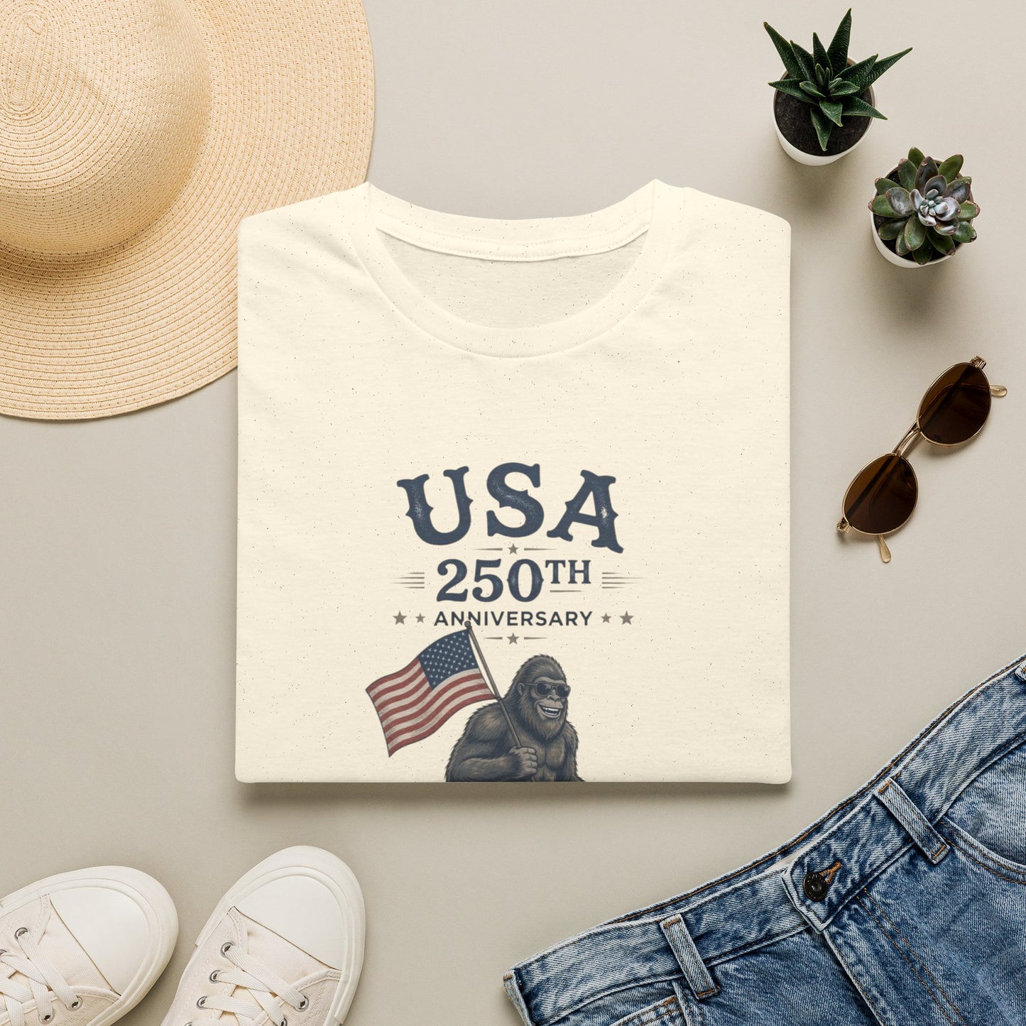 USA 250th Anniversary T-Shirt — Patriotic Bigfoot Flag Graphic Tee