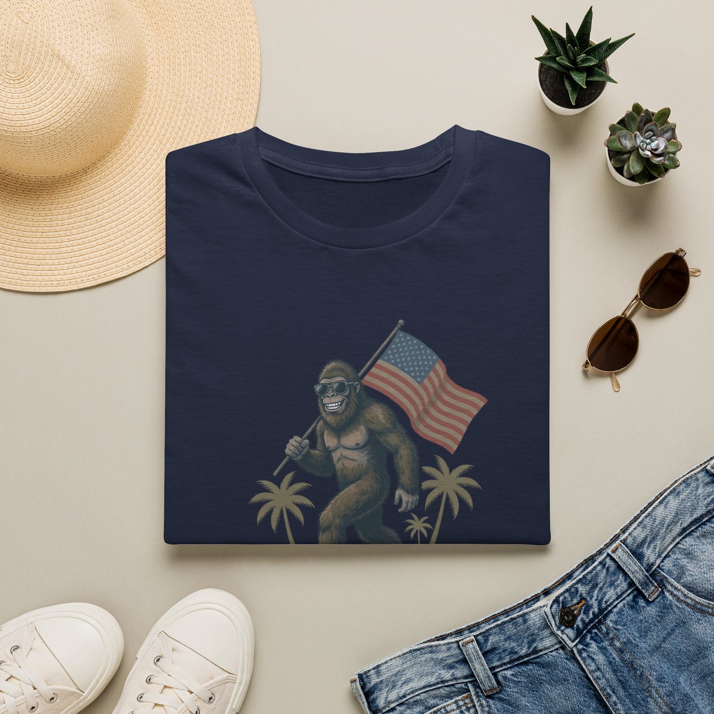 Bigfoot with American Flag T-Shirt — USA 250th Anniversary Patriotic Tee