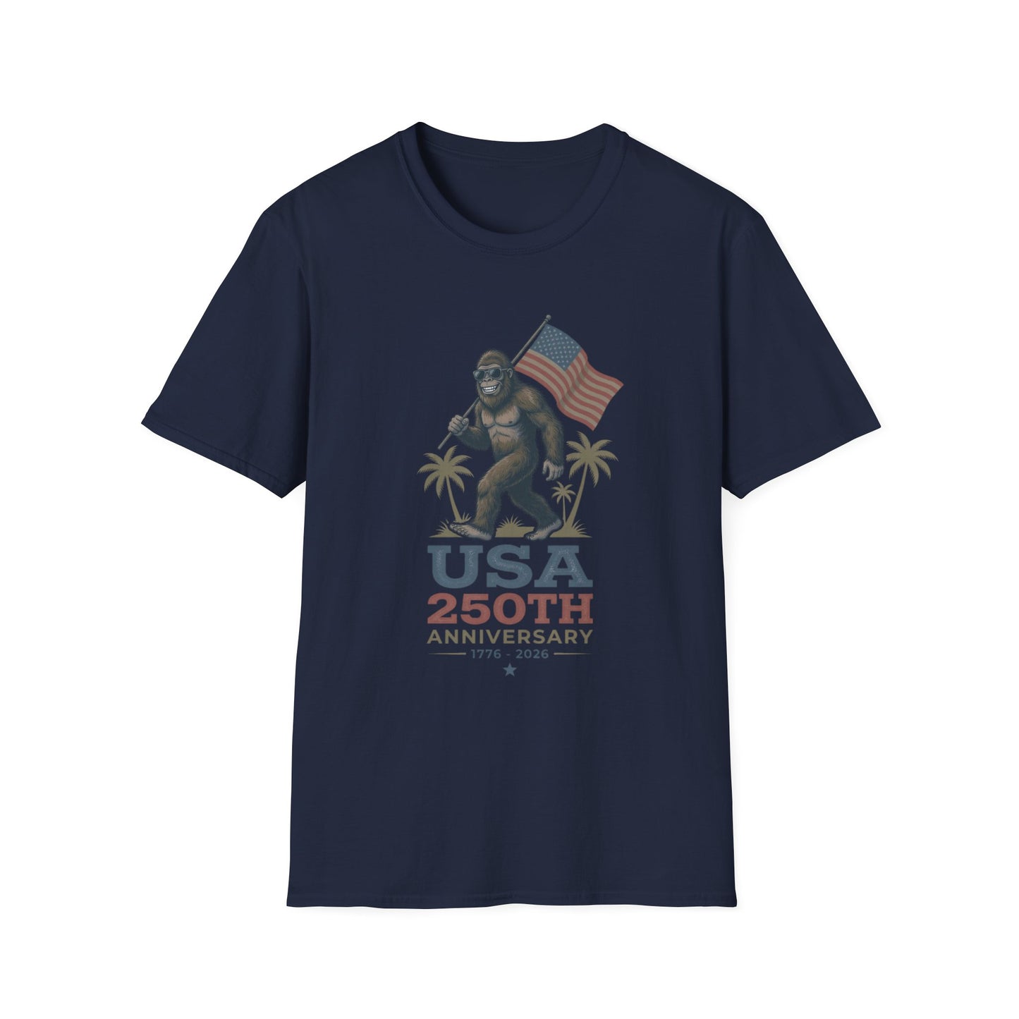 Bigfoot with American Flag T-Shirt — USA 250th Anniversary Patriotic Tee