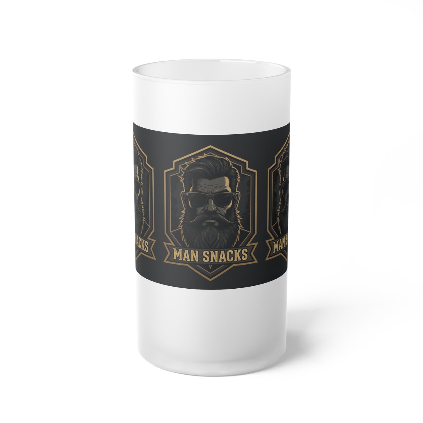 Frosted Beer Mug — 'Man Snacks' Retro Beard Logo Glass for Dad, Beer Lovers & Bar Gifts
