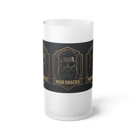 Frosted Beer Mug — 'Man Snacks' Retro Beard Logo Glass for Dad, Beer Lovers & Bar Gifts