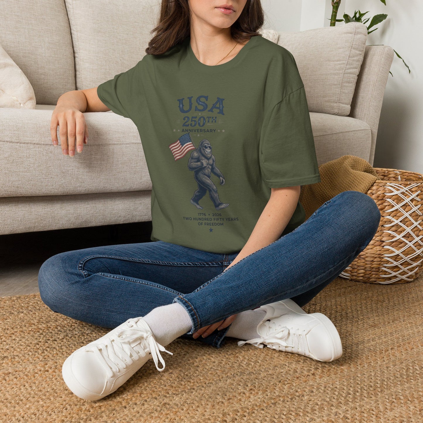 USA 250th Anniversary T-Shirt — Patriotic Bigfoot Flag Graphic Tee
