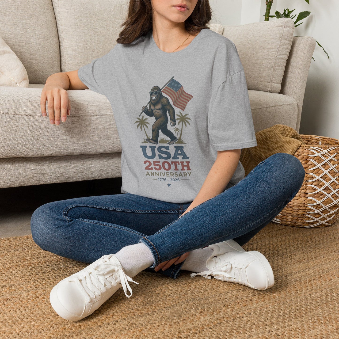 Bigfoot with American Flag T-Shirt — USA 250th Anniversary Patriotic Tee
