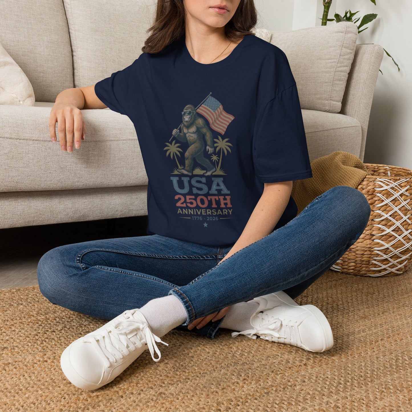 Bigfoot with American Flag T-Shirt — USA 250th Anniversary Patriotic Tee