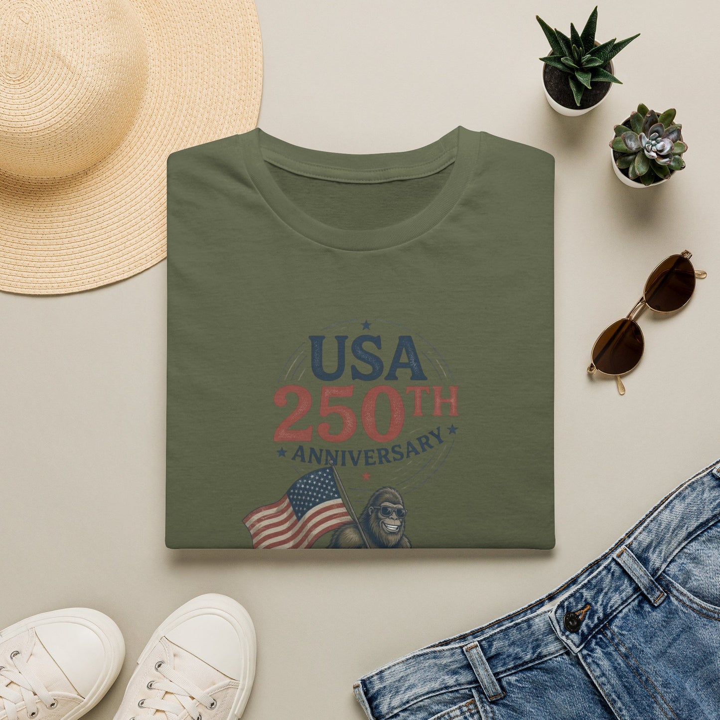 USA 250th Anniversary T-Shirt — Patriotic Flag & Bigfoot Celebration Tee