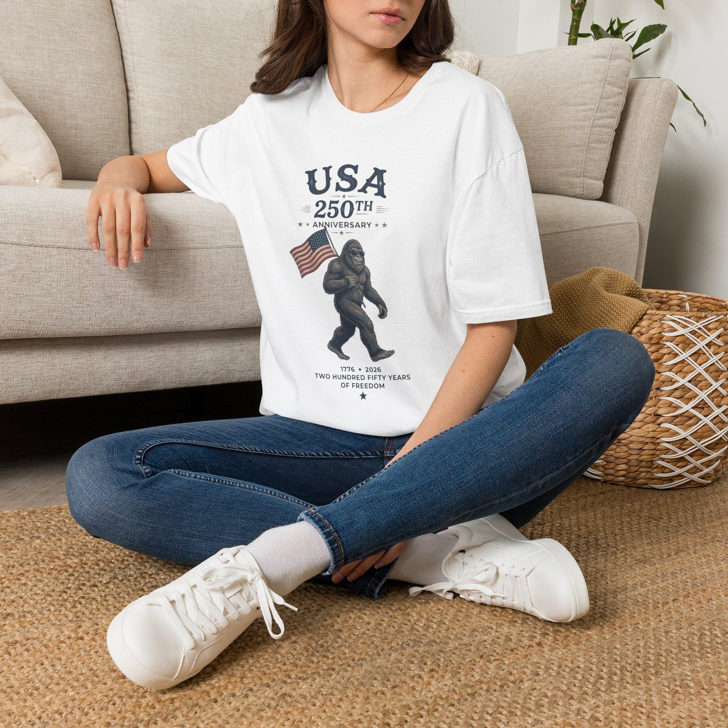 USA 250th Anniversary T-Shirt — Patriotic Bigfoot Flag Graphic Tee