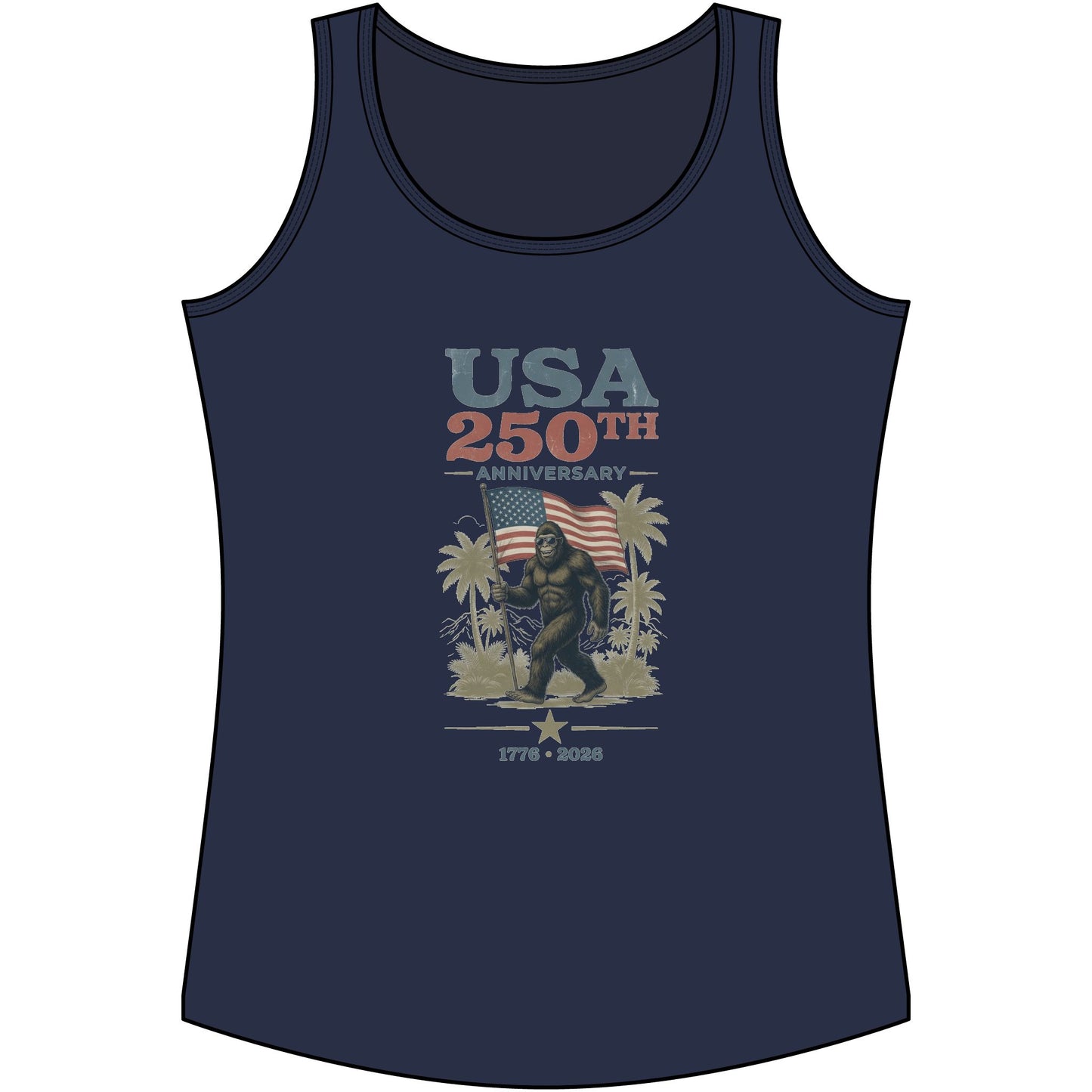 USA 250th Anniversary Women's Tank Top — Vintage Flag & Bigfoot Patriotic Performance Tank