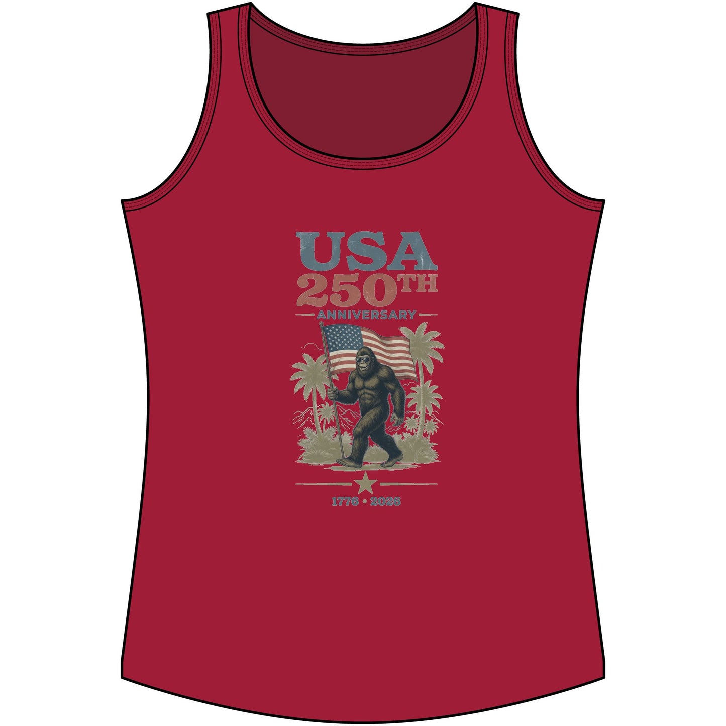 USA 250th Anniversary Women's Tank Top — Vintage Flag & Bigfoot Patriotic Performance Tank