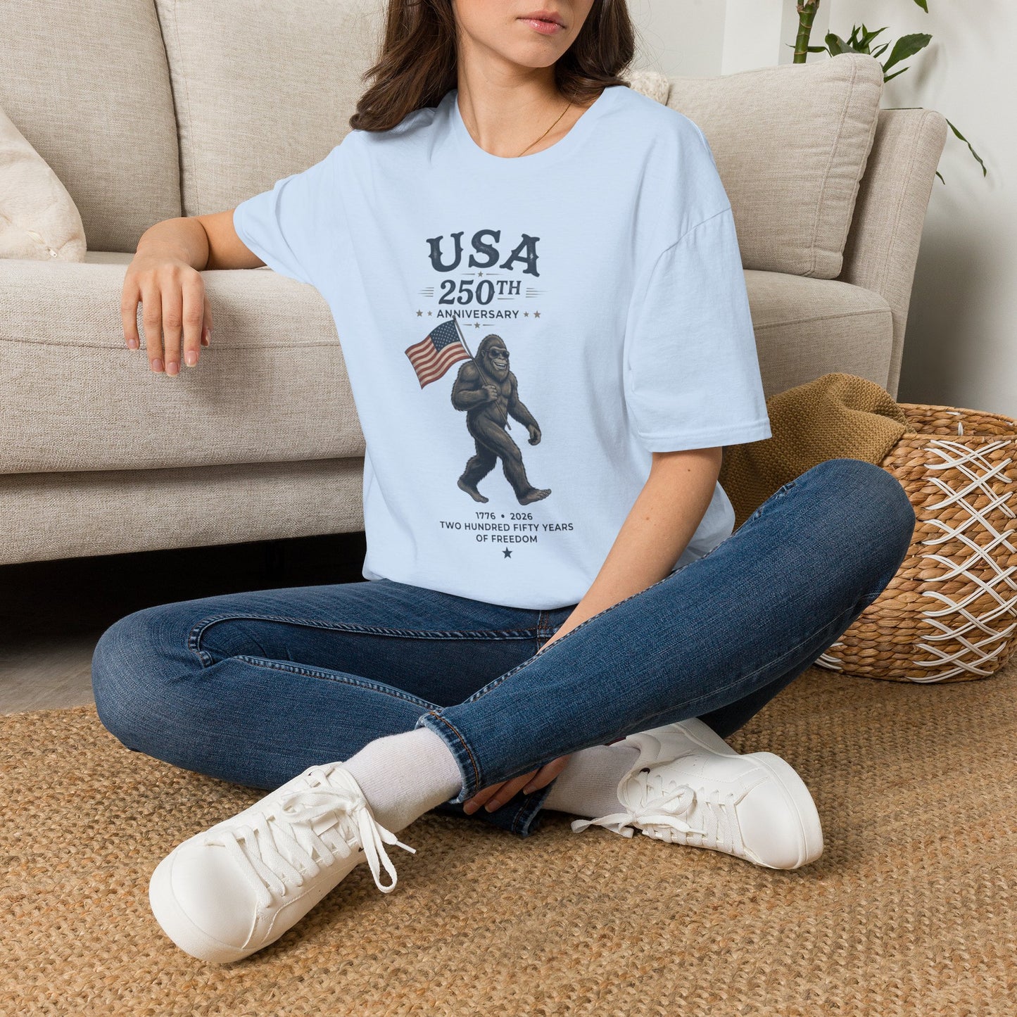USA 250th Anniversary T-Shirt — Patriotic Bigfoot Flag Graphic Tee