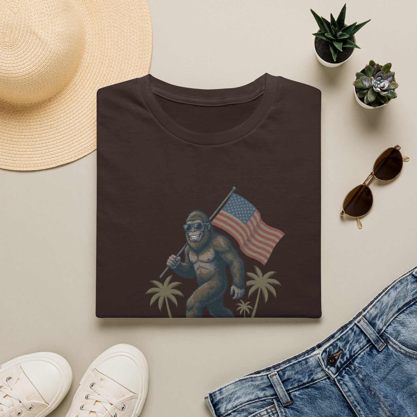 Bigfoot with American Flag T-Shirt — USA 250th Anniversary Patriotic Tee