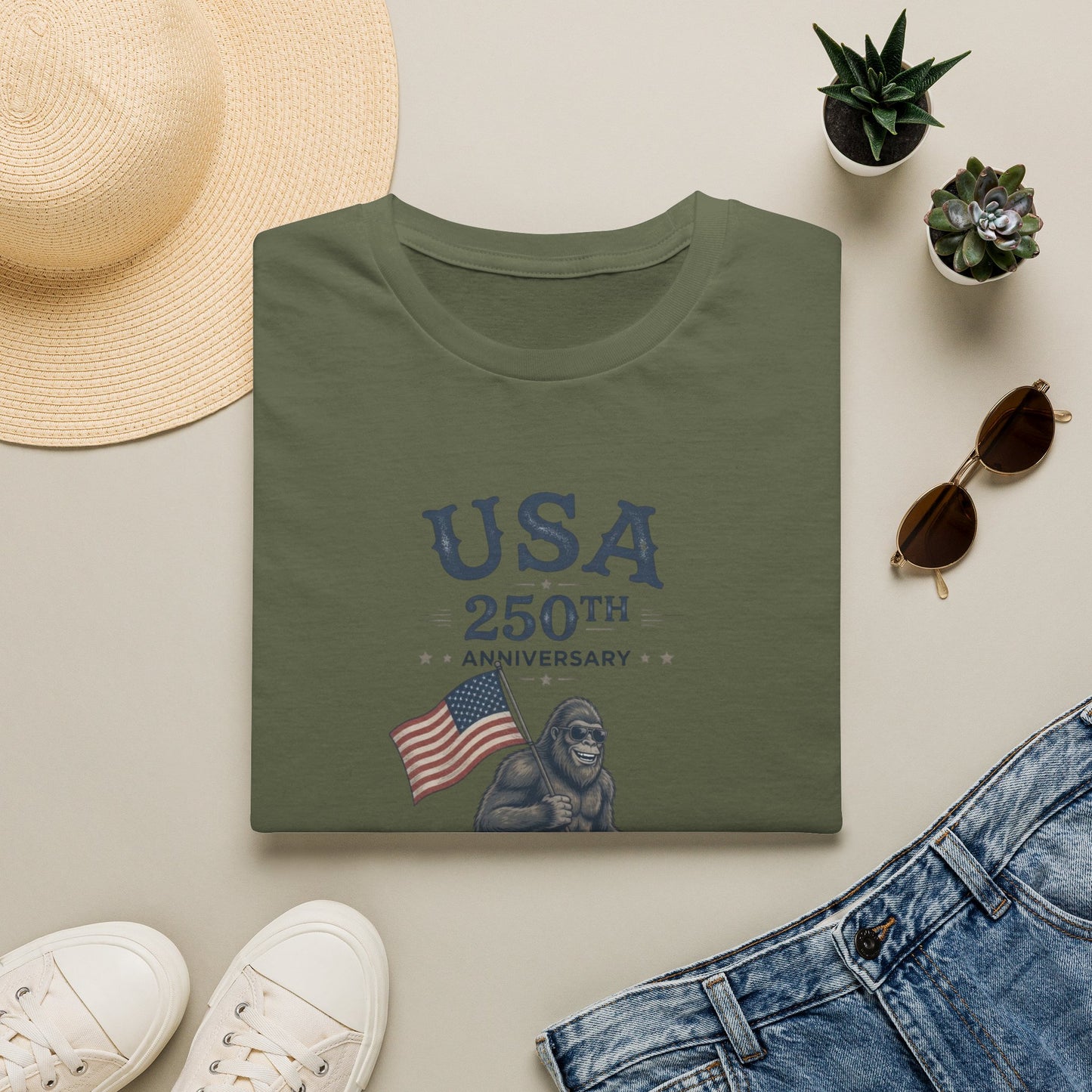 USA 250th Anniversary T-Shirt — Patriotic Bigfoot Flag Graphic Tee