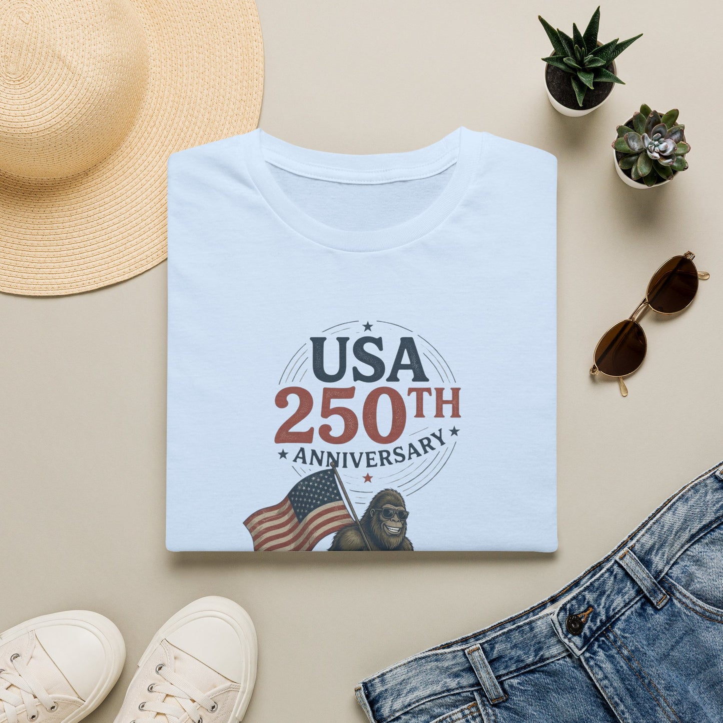 USA 250th Anniversary T-Shirt — Patriotic Flag & Bigfoot Celebration Tee