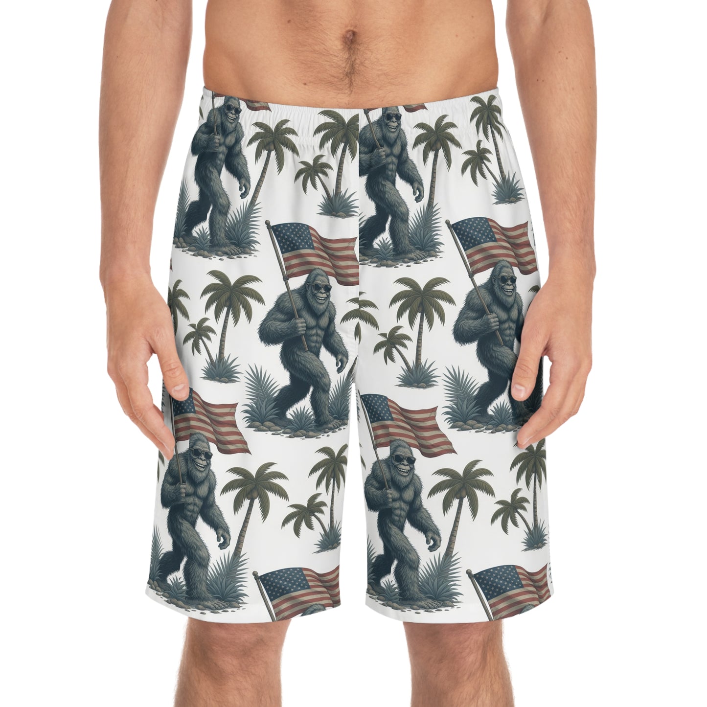Sasquatch with American Flag Board Shorts – Patriotic Tropical Swim Trunks