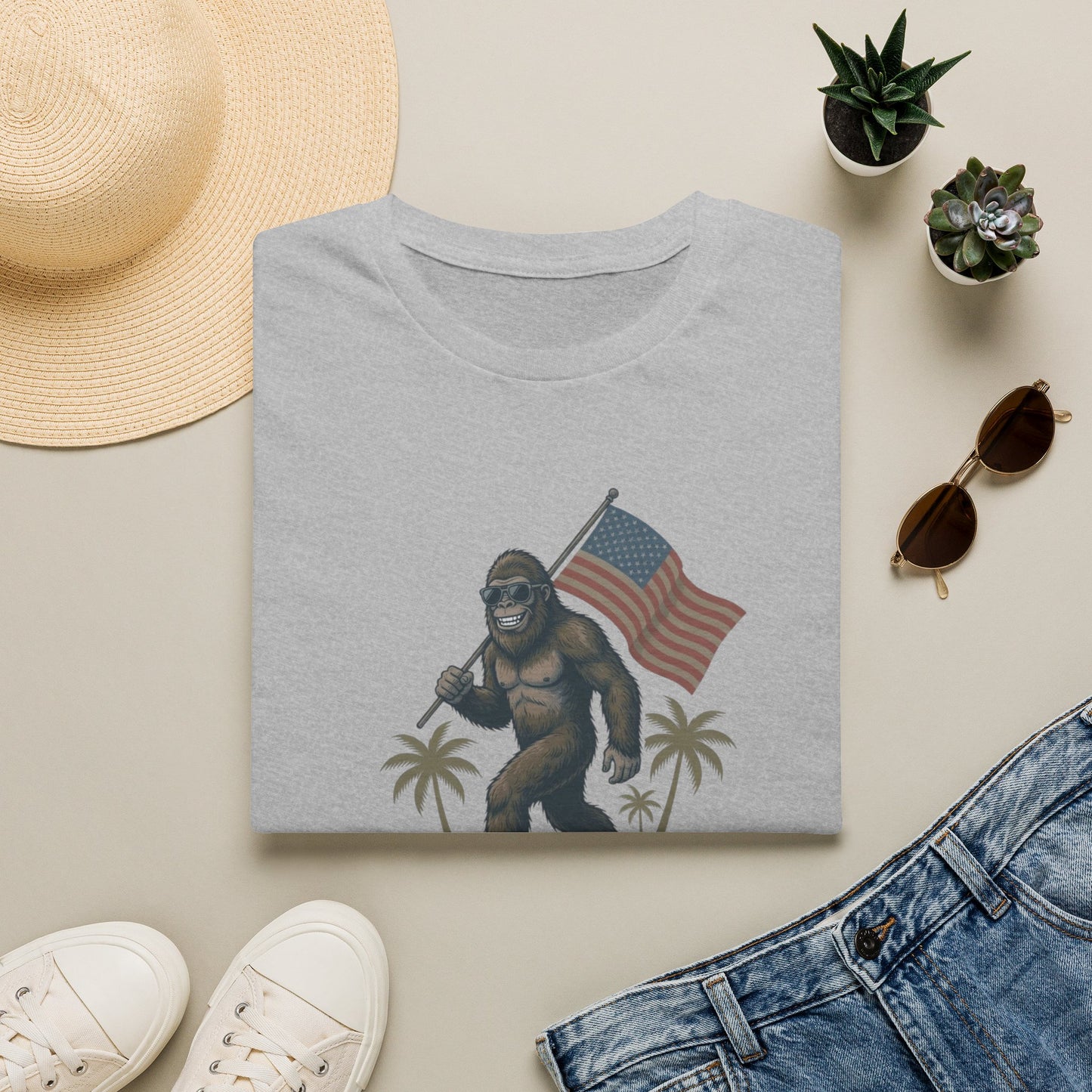 Bigfoot with American Flag T-Shirt — USA 250th Anniversary Patriotic Tee