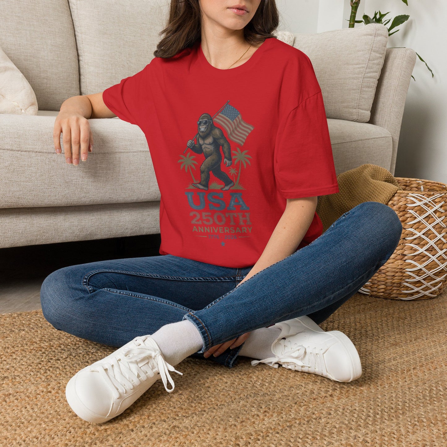 Bigfoot with American Flag T-Shirt — USA 250th Anniversary Patriotic Tee