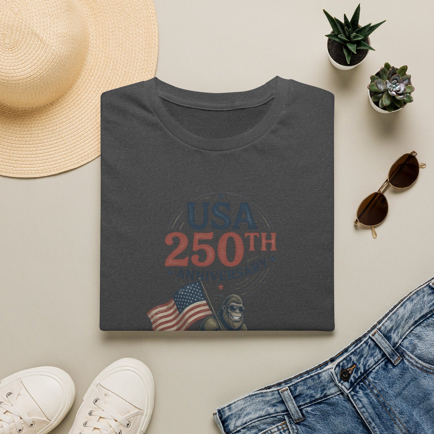 USA 250th Anniversary T-Shirt — Patriotic Flag & Bigfoot Celebration Tee