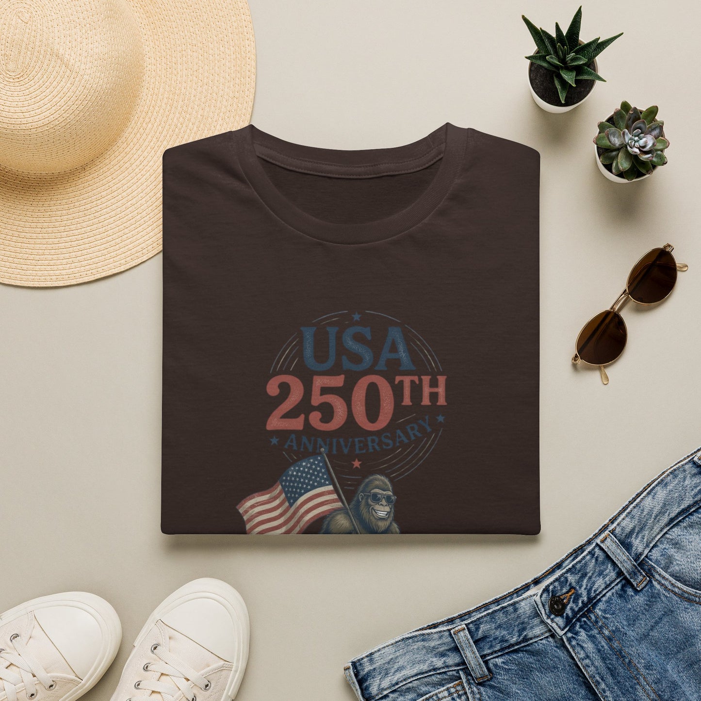 USA 250th Anniversary T-Shirt — Patriotic Flag & Bigfoot Celebration Tee