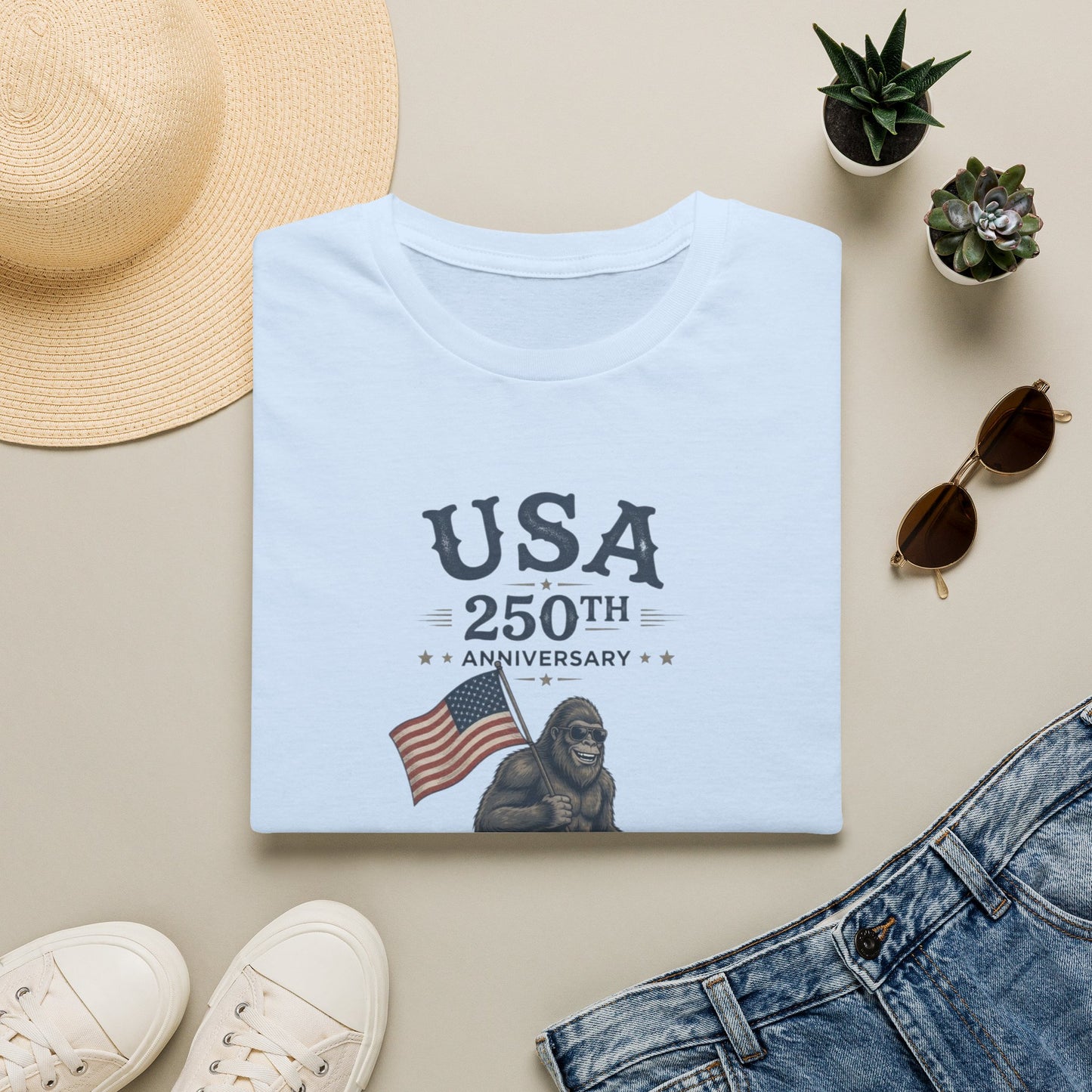 USA 250th Anniversary T-Shirt — Patriotic Bigfoot Flag Graphic Tee