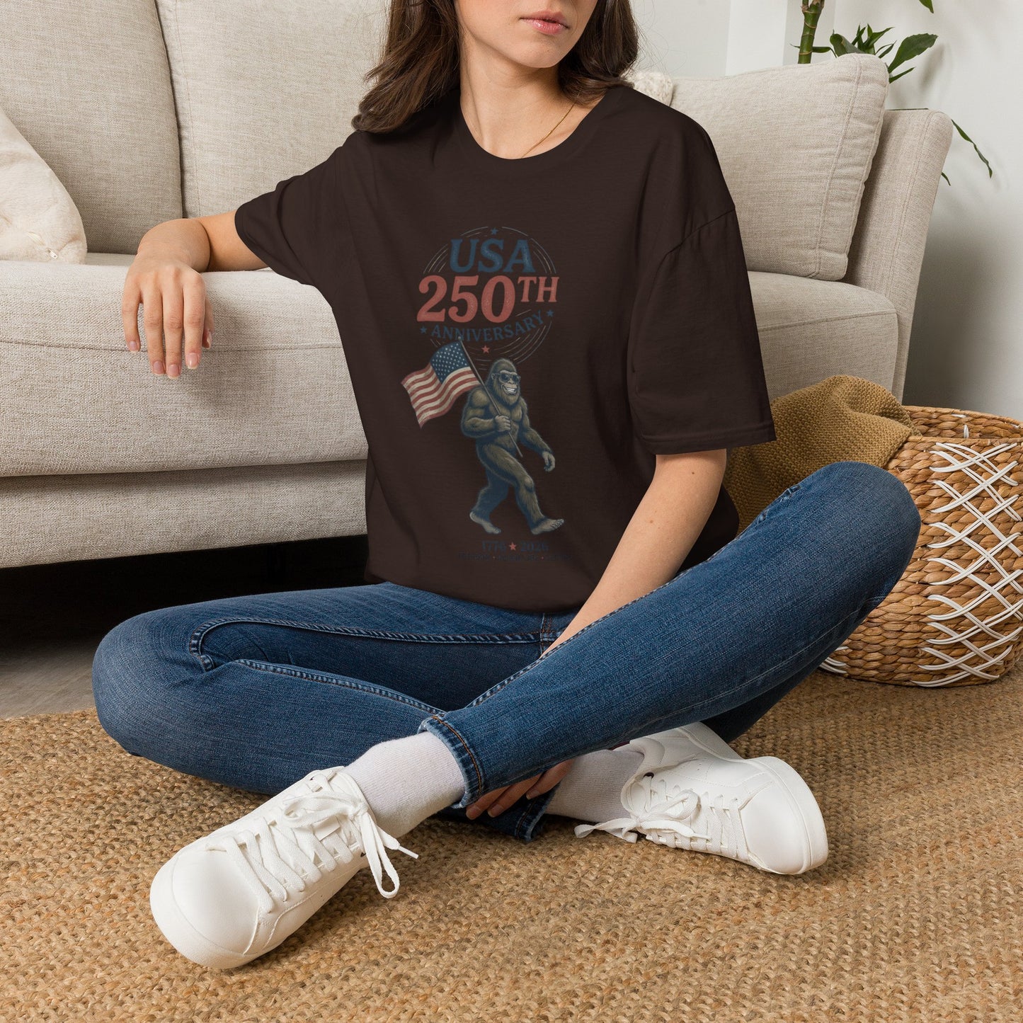 USA 250th Anniversary T-Shirt — Patriotic Flag & Bigfoot Celebration Tee