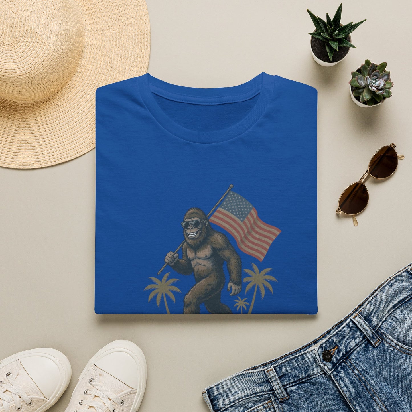Bigfoot with American Flag T-Shirt — USA 250th Anniversary Patriotic Tee