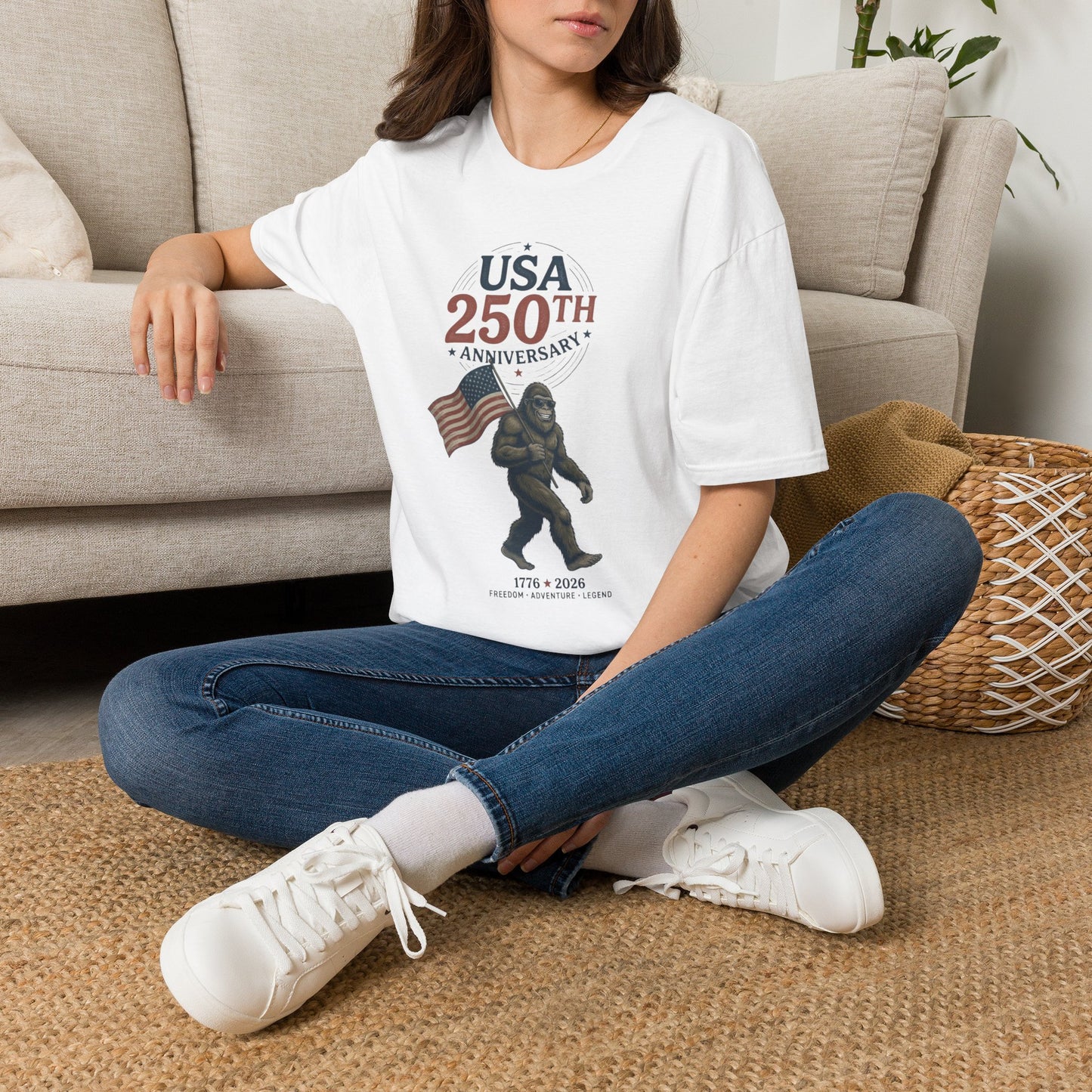 USA 250th Anniversary T-Shirt — Patriotic Flag & Bigfoot Celebration Tee