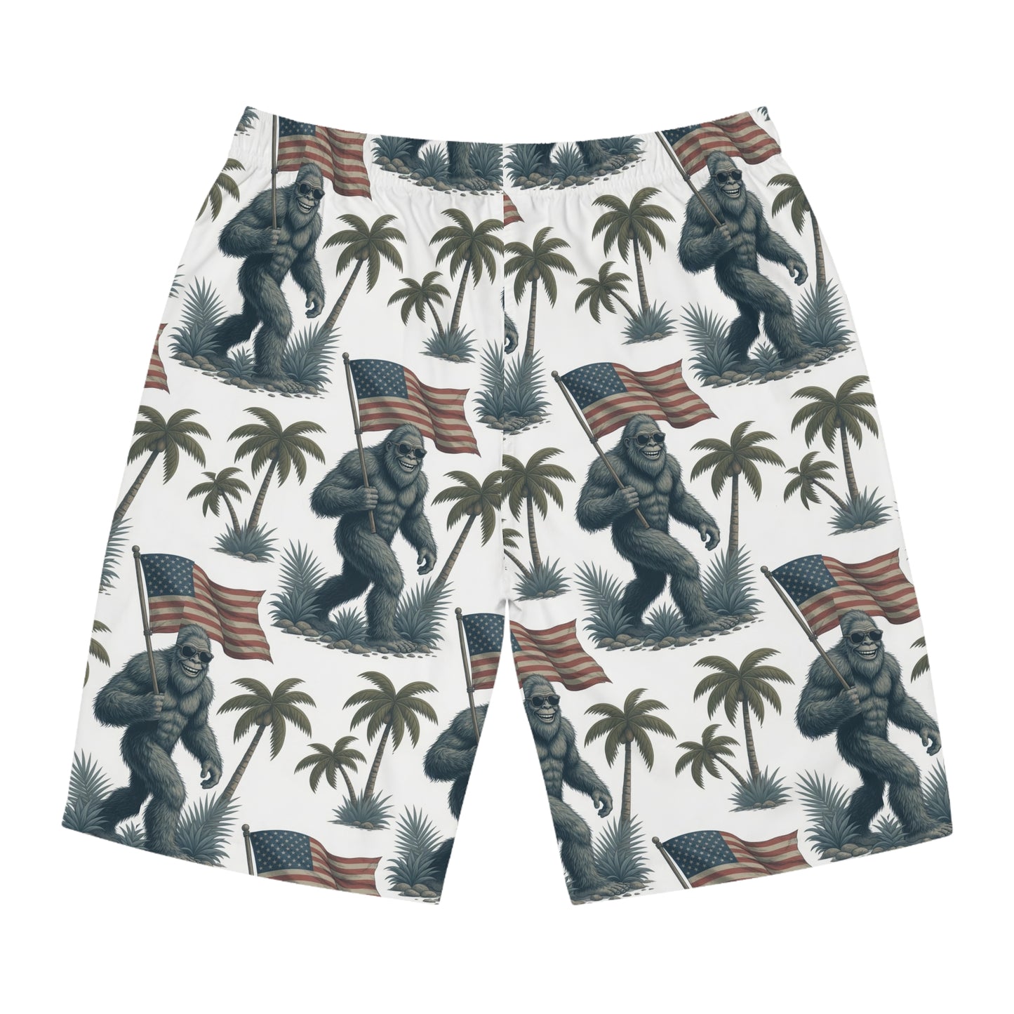 Sasquatch with American Flag Board Shorts – Patriotic Tropical Swim Trunks