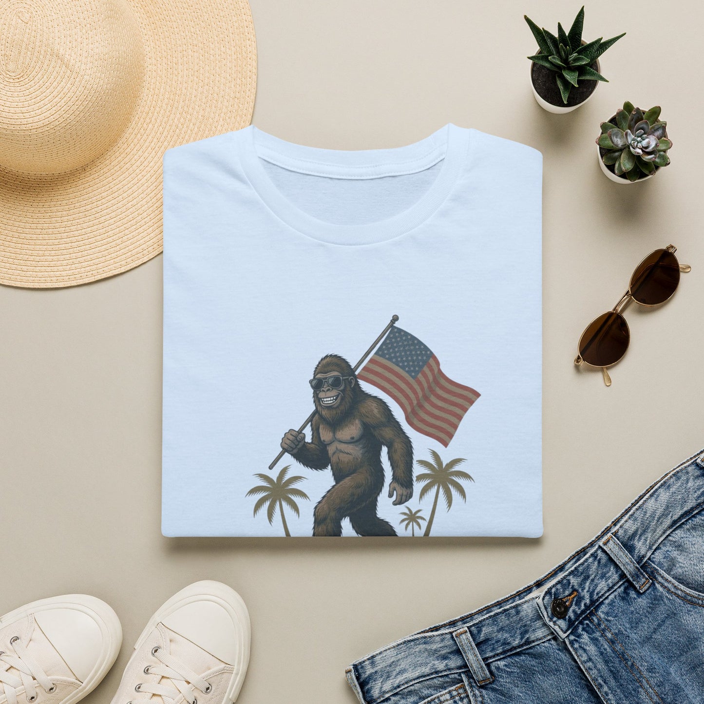 Bigfoot with American Flag T-Shirt — USA 250th Anniversary Patriotic Tee