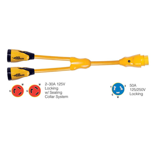 Marinco Y504-2-30 EEL (2)-30A-125V Female to (1)50A-125/250V Male "Y" Adapter - Yellow [Y504-2-30] - Twin Screws Marine Service