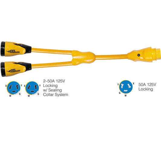 Marinco Y504-2-504 EEL (2)50A-125/250V Female to (1)50A-125/250V Male "Y" Adapter - Yellow [Y504-2-504] - Twin Screws Marine Service