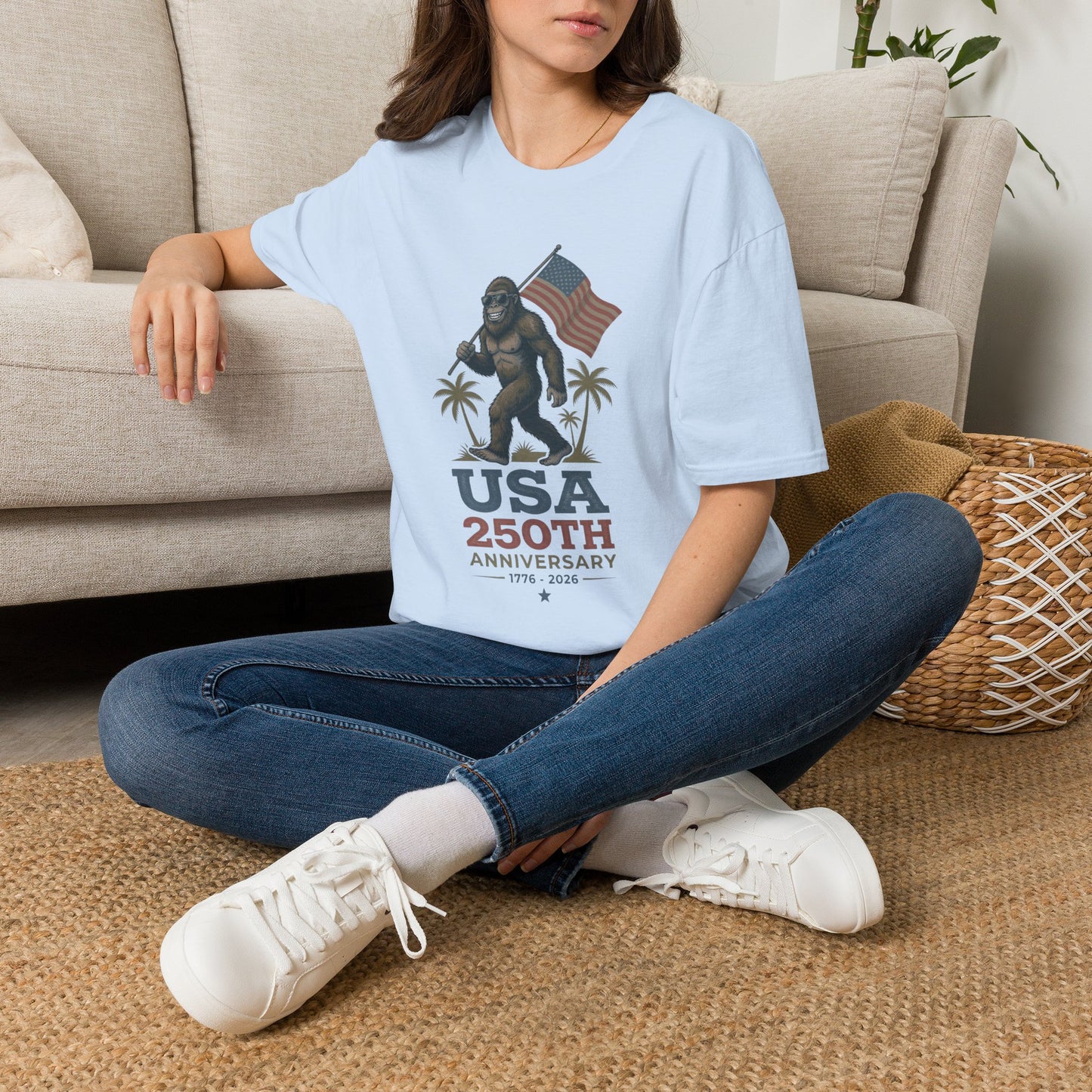 Bigfoot with American Flag T-Shirt — USA 250th Anniversary Patriotic Tee