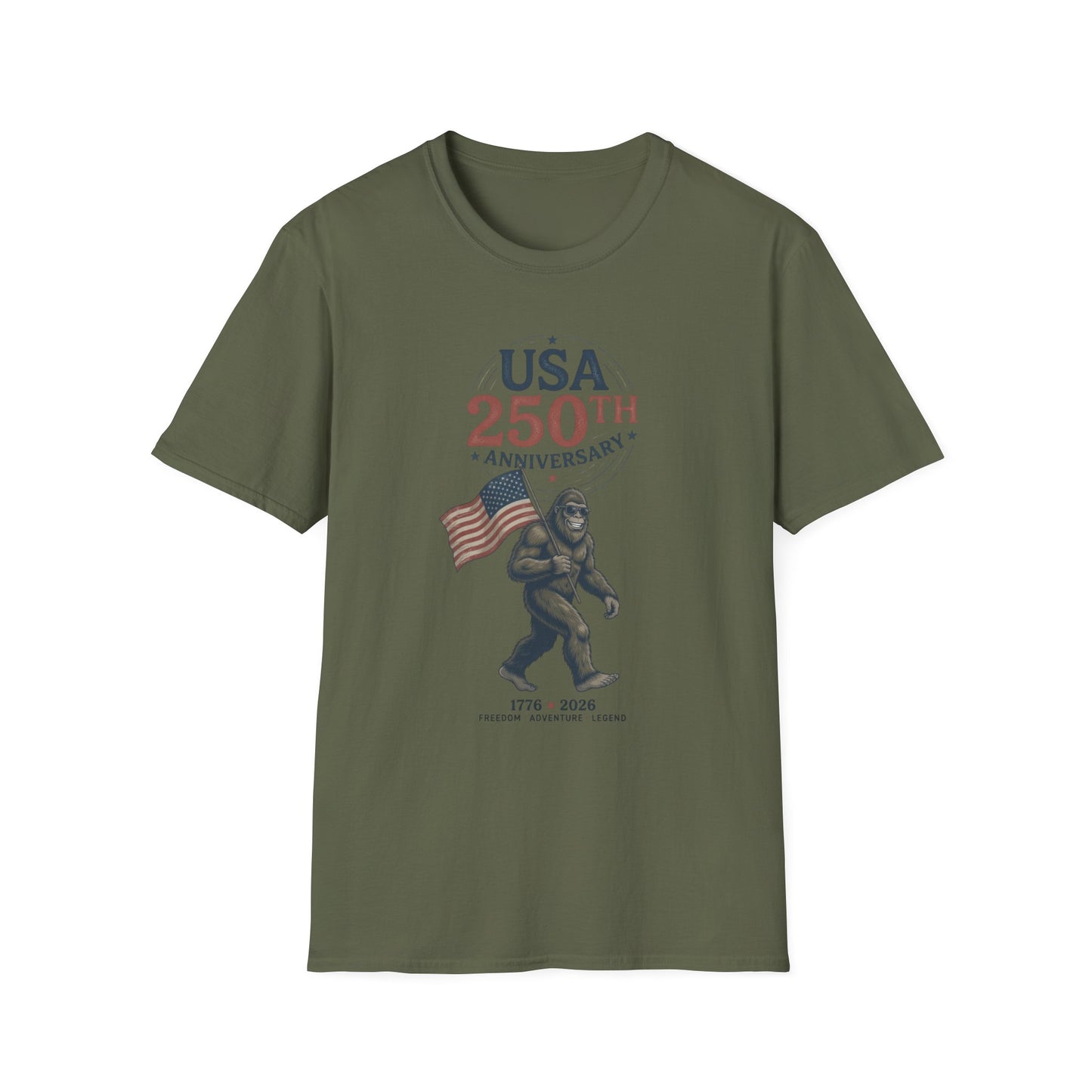 USA 250th Anniversary T-Shirt — Patriotic Flag & Bigfoot Celebration Tee