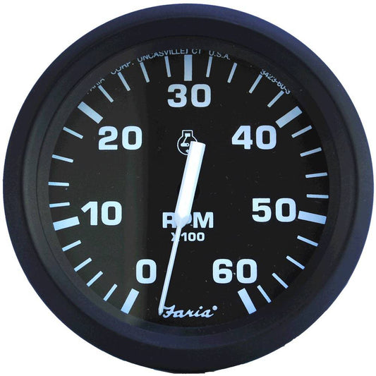 Faria Euro Black 4" Tachometer - 6,000 RPM (Gas - Inboard & I/O) [32804] - Twin Screws Marine Service