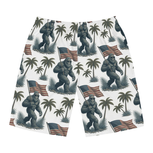 Sasquatch with American Flag Board Shorts – Patriotic Tropical Swim Trunks