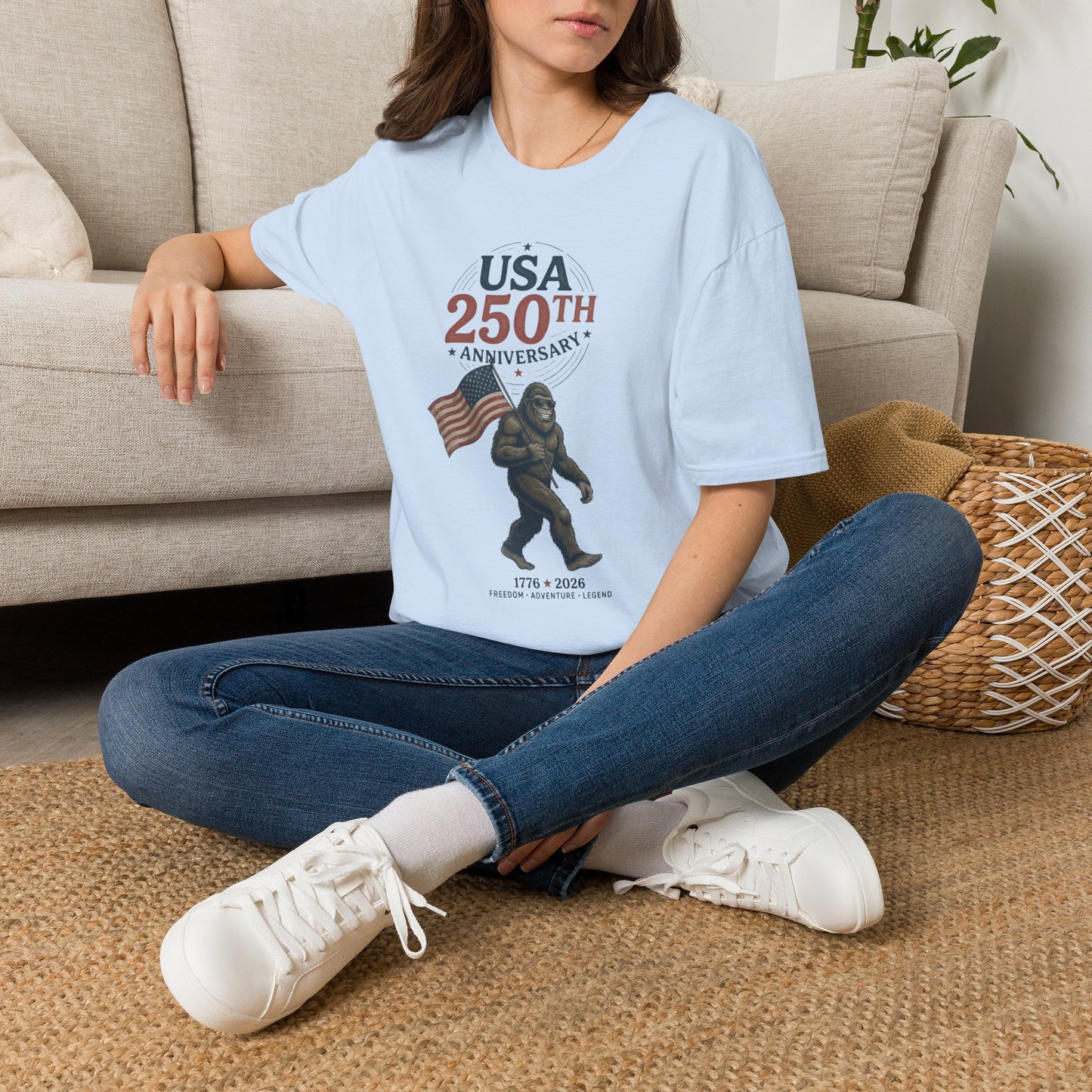 USA 250th Anniversary T-Shirt — Patriotic Flag & Bigfoot Celebration Tee
