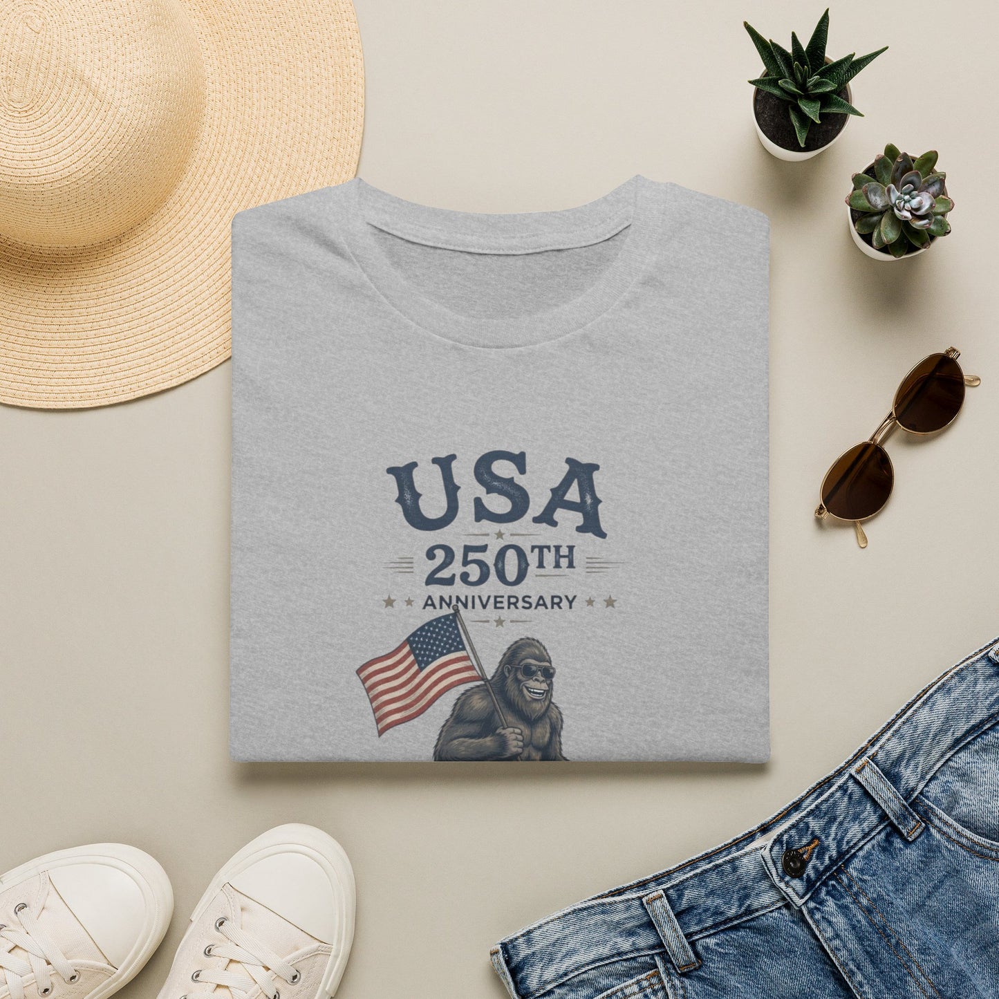 USA 250th Anniversary T-Shirt — Patriotic Bigfoot Flag Graphic Tee