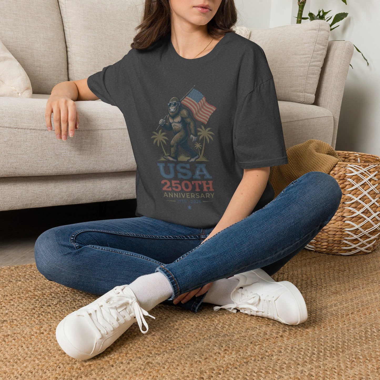 Bigfoot with American Flag T-Shirt — USA 250th Anniversary Patriotic Tee