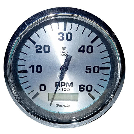 Faria Spun Silver 4" Tachometer w/Hourmeter (6000 RPM) (Gas Inboard) [36032] - Twin Screws Marine Service