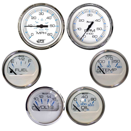 Faria Chesapeake White w/Stainless Steel Bezel Boxed Set of 6 - Speed, Tach, Fuel Level, Voltmeter, Water Temperature  Oil PSI - Inboard Motors [KTF063] - Twin Screws Marine Service