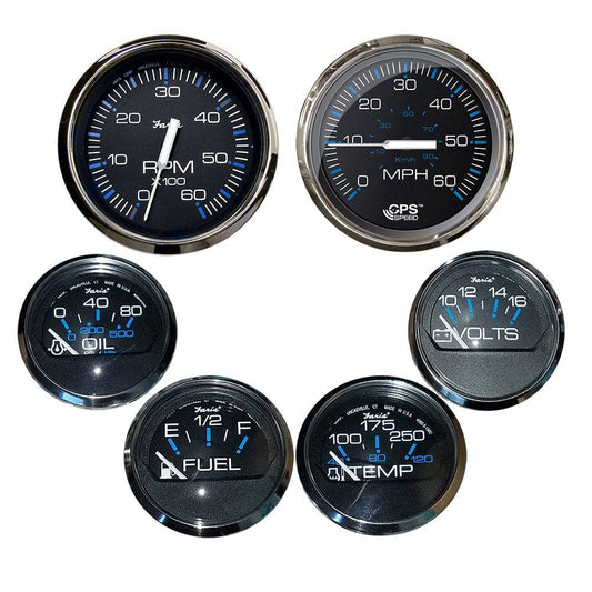 Faria Chesapeake Black w/Stainless Steel Bezel Boxed Set of 6 - Speed, Tach, Fuel Level, Voltmeter, Water Temperature  Oil PSI - Inboard Motors [KTF064] - Twin Screws Marine Service